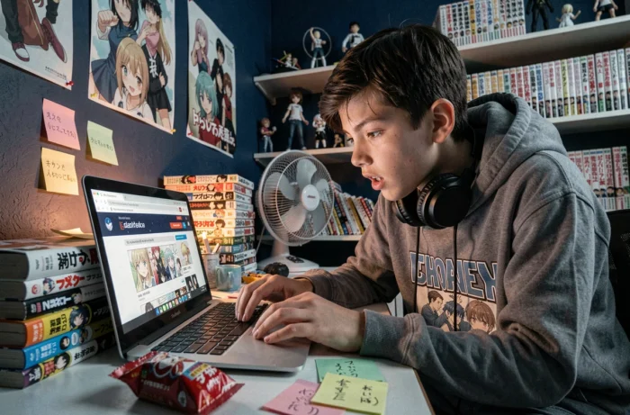 Adolescent lisant des scans de manga en VF sur son ordinateur portable dans sa chambre décorée d'affiches de mangas et de figurines
