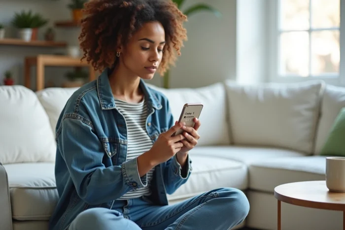 Jeune femme répondant à un sondage rémunéré sur son smartphone depuis son canapé, avec une interface d'application de sondages visible à l'écran