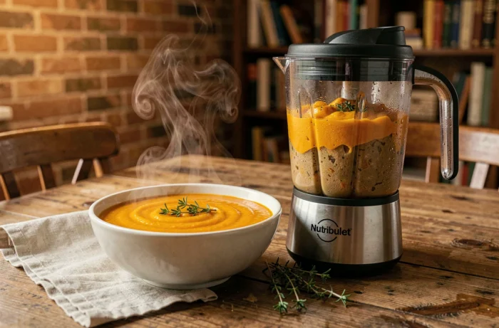Bol de soupe au potimarron fumante à côté d'un NutriBullet chauffant sur une table en bois rustique