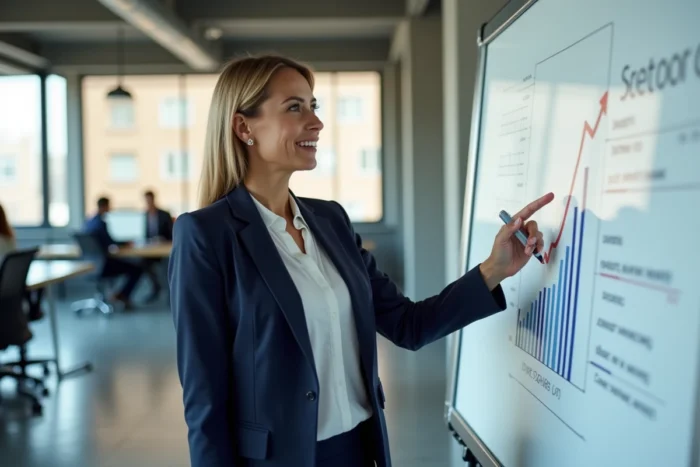 Femme d'affaires professionnelle présentant une stratégie de croissance d'entreprise sur un tableau blanc dans un bureau moderne