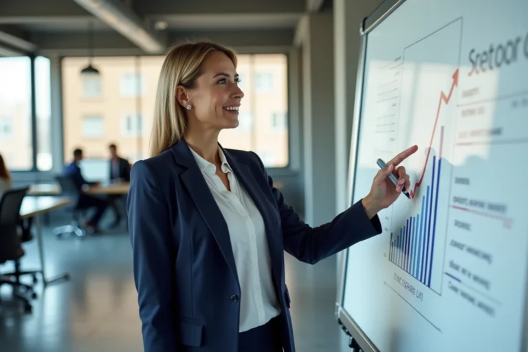 Femme d'affaires professionnelle présentant une stratégie de croissance d'entreprise sur un tableau blanc dans un bureau moderne