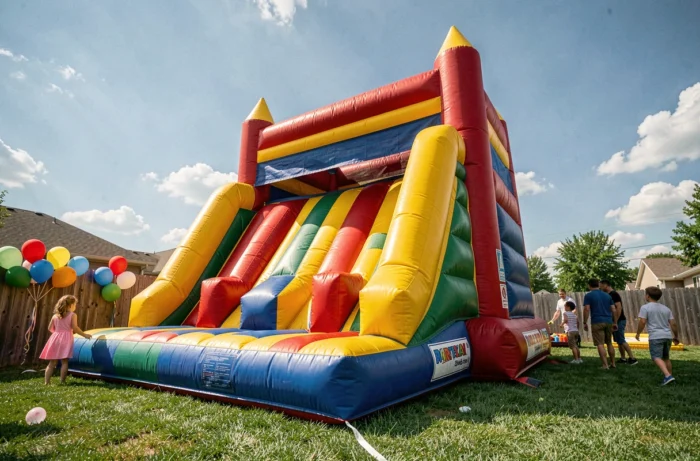 Structure gonflable colorée installée dans un jardin lors d'un anniversaire d'enfant