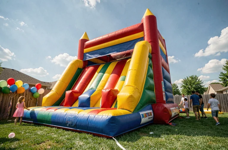 Structure gonflable colorée installée dans un jardin lors d'un anniversaire d'enfant