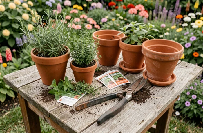 Table de jardin en bois avec des pots en terre cuite, des herbes aromatiques fraîches et des outils de jardinage anciens