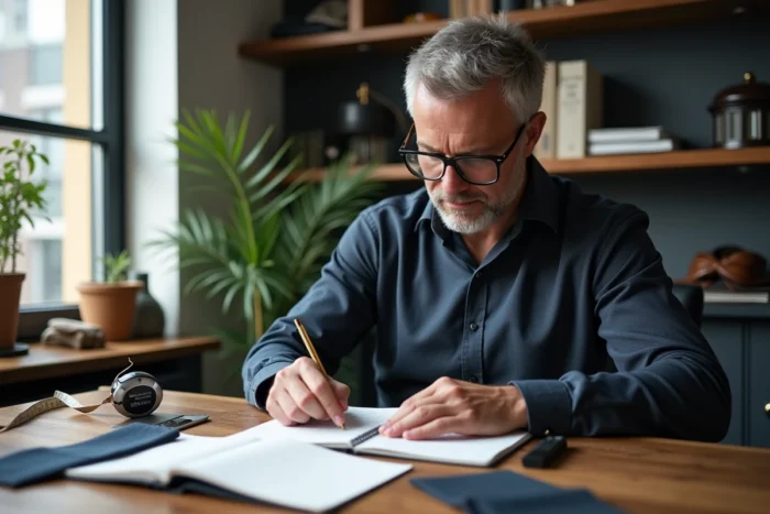 Tailleur indépendant consultant une liste de tarifs manuscrite entourée d'échantillons de tissu et d'une calculatrice