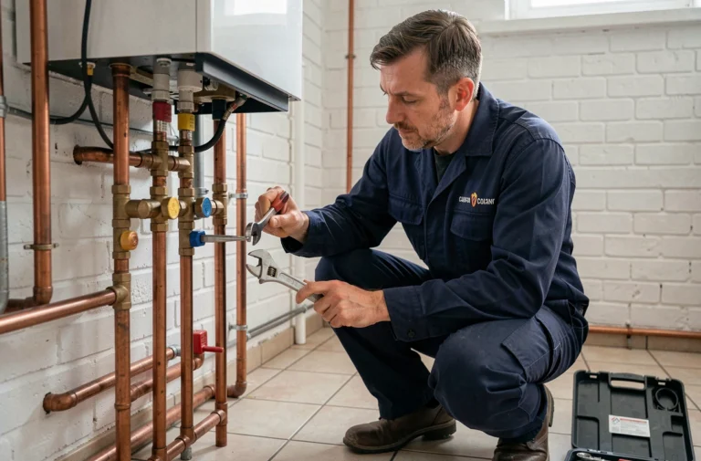Technicien chauffagiste professionnel inspectant une chaudière à gaz dans un appartement bruxellois