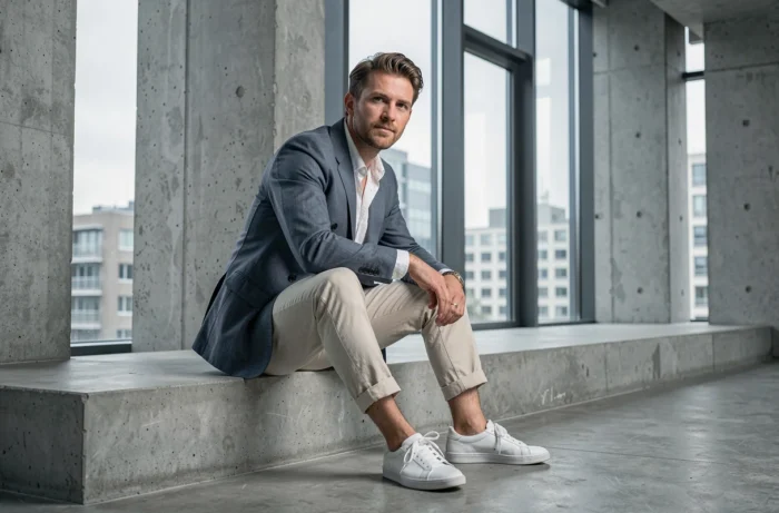 Homme en blazer bleu ardoise et sneakers blancs assis dans un bâtiment moderniste en béton, look tendance masculin saison actuelle
