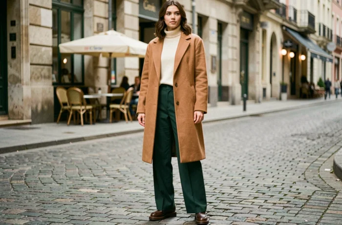 Femme en manteau camel oversize et pantalon large vert forêt dans une rue pavée européenne, style tendance automne-hiver
