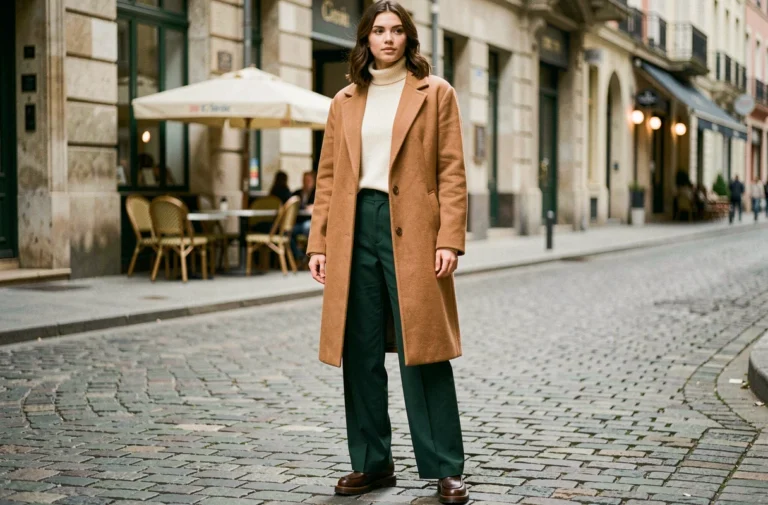 Femme en manteau camel oversize et pantalon large vert forêt dans une rue pavée européenne, style tendance automne-hiver