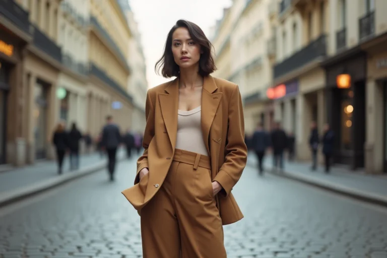 Femme élégante portant un blazer camel oversize et un pantalon large dans une rue pavée parisienne, tendances mode automne