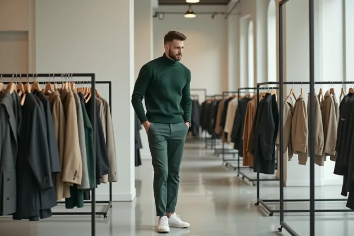 Homme en pull col roulé vert forêt explorant une boutique de mode minimaliste, tendances mode masculine contemporaine
