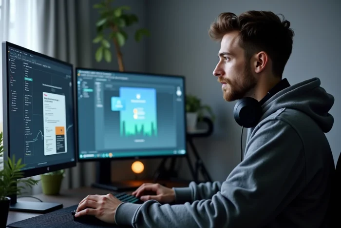 Homme testant un site web et une application mobile sur deux écrans dans un bureau à domicile, avec un microphone pour enregistrer ses retours