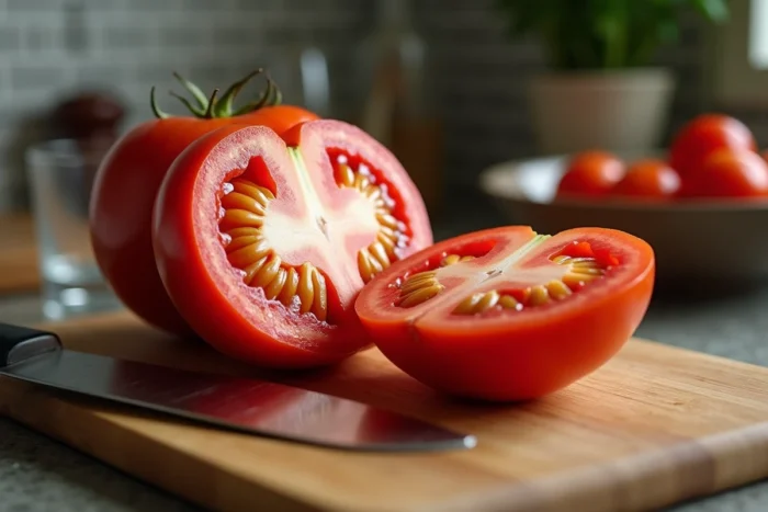 Tomate beefsteak coupée en deux sur une planche à découper en bois, révélant l'épaisseur de sa peau et de sa chair dans une cuisine domestique