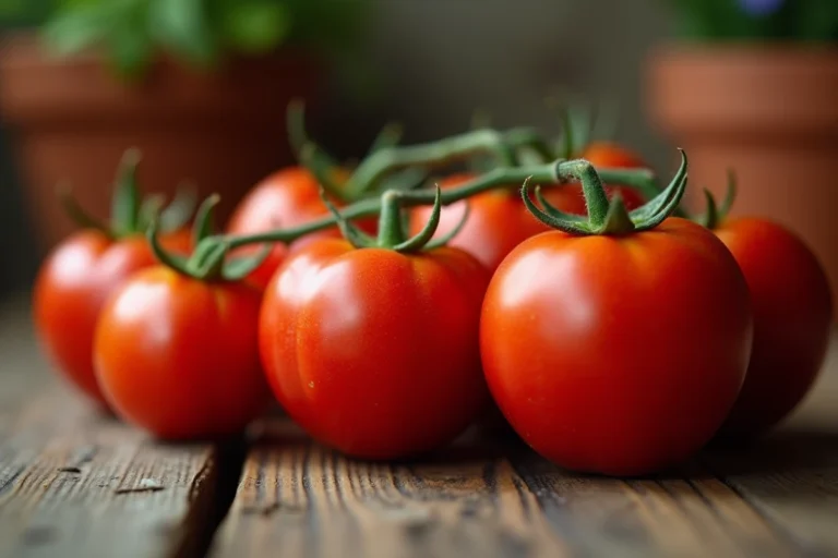 Gros plan sur des tomates à peau épaisse posées sur une surface en bois rustique, montrant la texture et l'épaisseur naturelle de leur peau