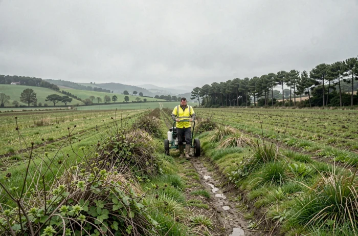 Ouvrier agricole utilisant un pulvérisateur à roues pour appliquer du glyphosate sur un champ envahi de mauvaises herbes dans le nord du Portugal