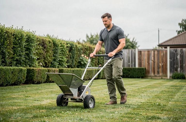 Jardinier professionnel appliquant un traitement sélectif sur gazon avec un épandeur à roues dans un jardin résidentiel soigné