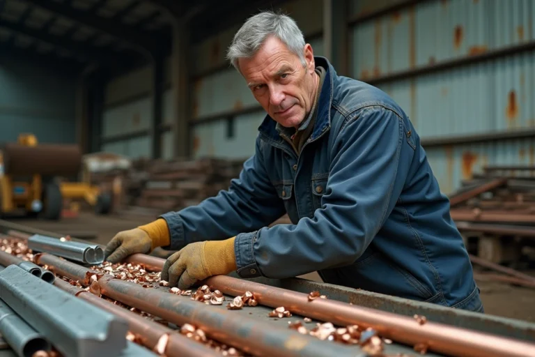 Ouvrier triant des métaux ferreux et non ferreux dans un centre de recyclage Derichebourg