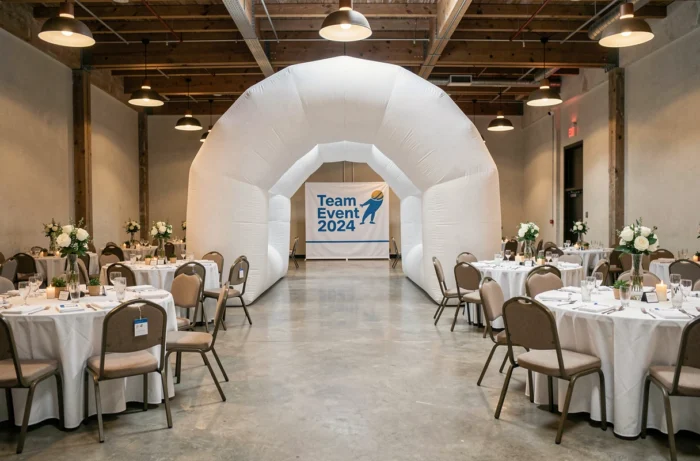 Tunnel gonflable installé dans une salle de réception lors d'un événement d'entreprise