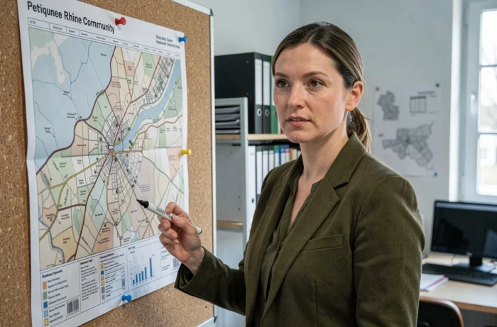 Urbaniste de la communauté de communes du Rhin analysant une carte territoriale dans un bureau de planification en Alsace