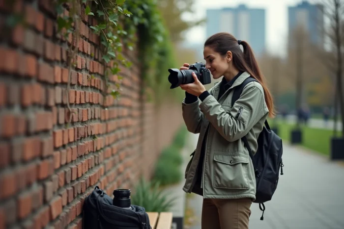 Photographe femme prenant des photos dans un parc urbain pour les vendre sur des banques d'images en ligne, avec un sac photo ouvert à côté d'elle