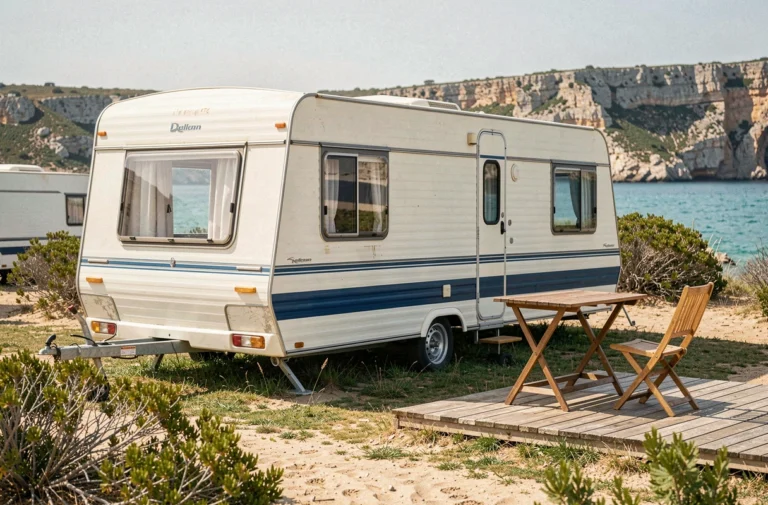 Mobil-home blanc et bleu sur terrain en bord de mer avec vue sur eau turquoise et falaises rocheuses