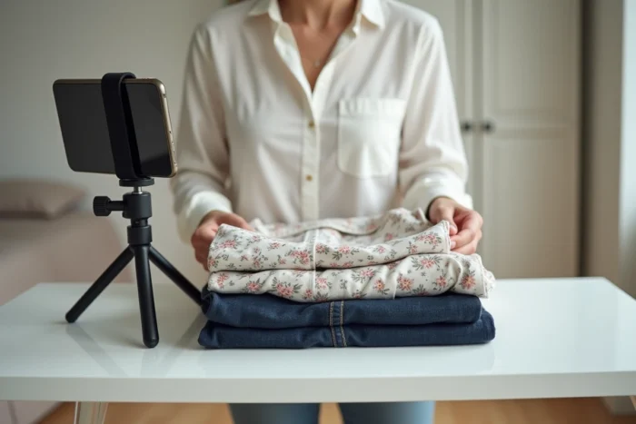 Femme photographiant des vêtements de seconde main soigneusement pliés pour les vendre sur une plateforme comme Vinted