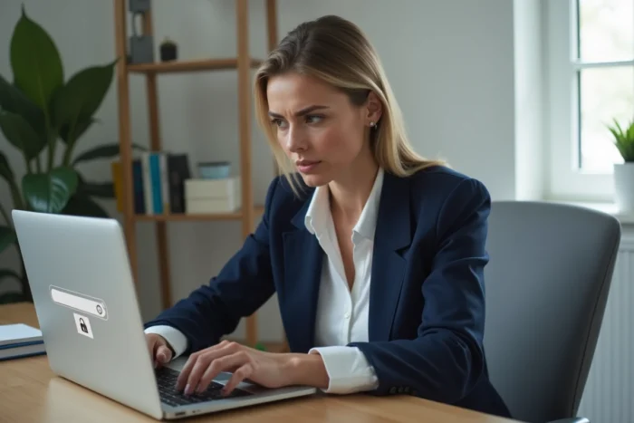 Femme vérifiant la sécurité HTTPS d'un site web sur son ordinateur portable dans un bureau moderne