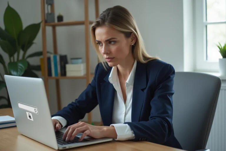 Femme vérifiant la sécurité HTTPS d'un site web sur son ordinateur portable dans un bureau moderne