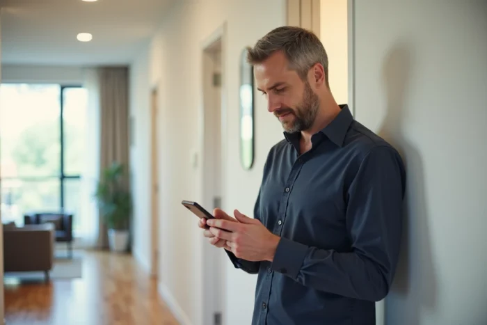 Propriétaire effectuant une visite de son appartement locatif tout en gérant les démarches via une application mobile