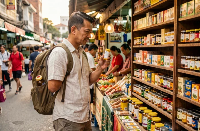 Voyageur examinant un inhalateur Yadom dans un marché de rue à Bangkok en Thaïlande