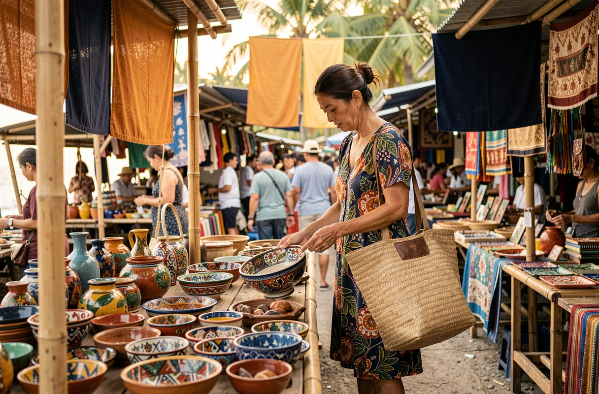 Voyageuse explorant un marché artisanal en plein air dans une ville côtière d'Asie du Sud-Est