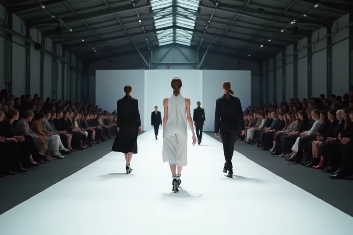 Vue d'ensemble d'un défilé de mode avec une douzaine de mannequins marchant sur un podium blanc