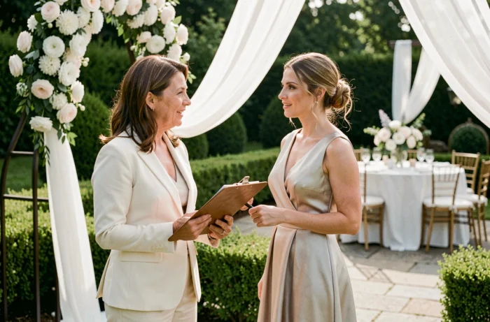 Wedding planner en blazer ivoire consultant avec une mariée dans un jardin orné d'arches florales blanches lors d'une cérémonie de mariage personnalisée