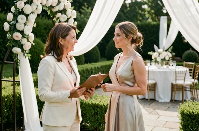 Wedding planner en blazer ivoire consultant avec une mariée dans un jardin orné d'arches florales blanches lors d'une cérémonie de mariage personnalisée